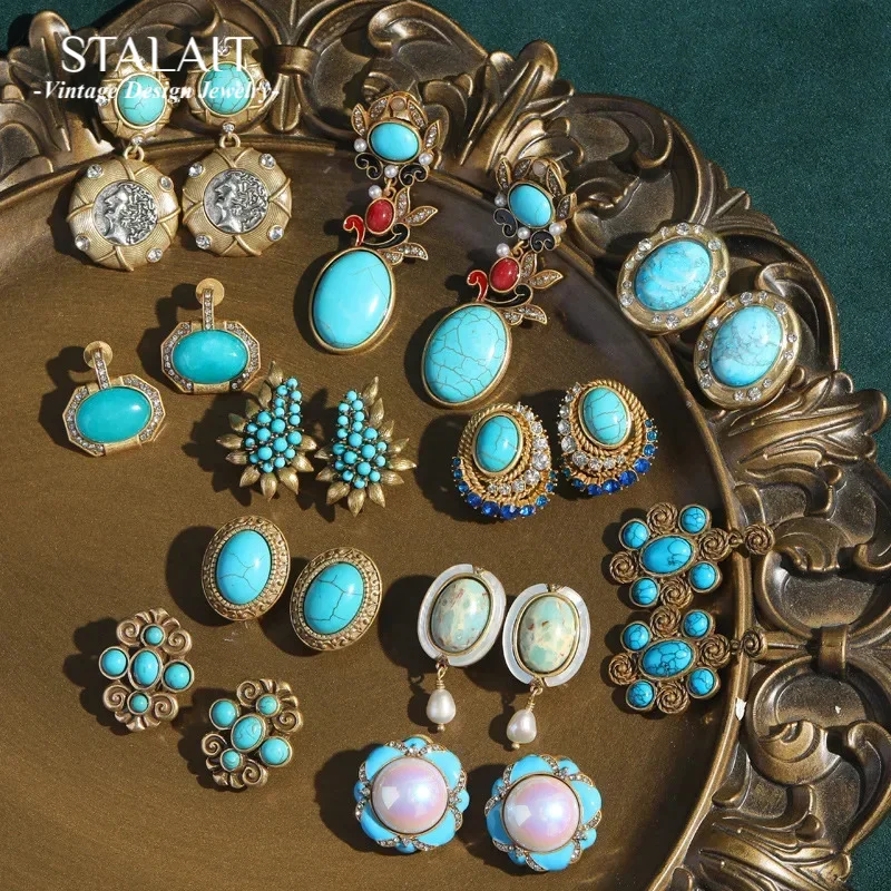

New French Vintage Designer Natural Blue Stone Stud Earrings for Women Oval Ear Ring Retro Gothic Luxury Quality Jewelry 2024