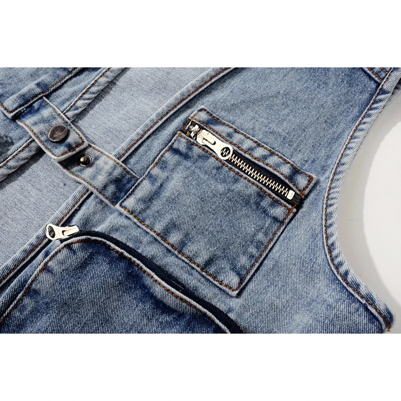 

Vintage Blue Thin Denim Vests Women Slim Short Student Cowboy Waistcoat V Neck Big Pocket Sleeveless Jeans Jacket Coat Female