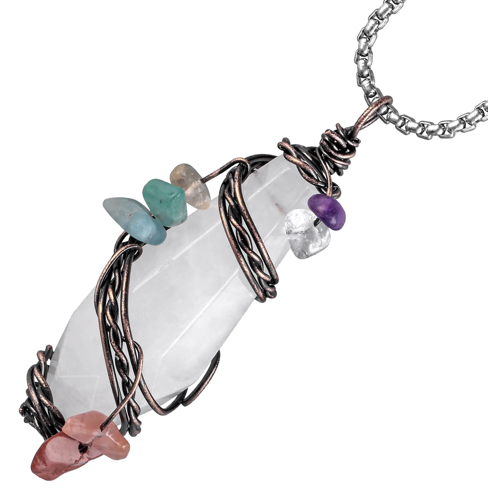 

Healing Faceted Crystal Stone Pendant Natural Rock Quartz Wire Wrapped 7 Chakra Charms For DIY Necklace Jewelry Making