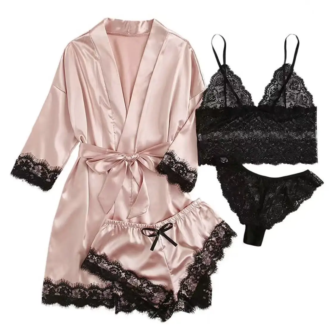 2026New Women's Pajama Fashion 4-piece Set Lace Satin Strap Sexy Pajama Set Dress Skin friendly Comfortable Casual Pajama Skirt