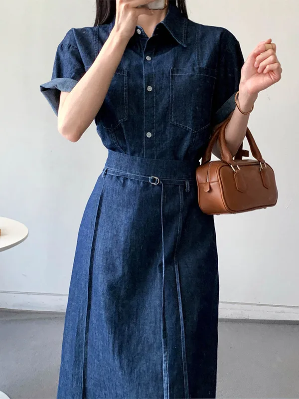 

Korean Sle Denim Set Women's Hong Kong Sle Retro Turn-down Collar ort Sve Open Cardigan Top High Waist Slimming f...