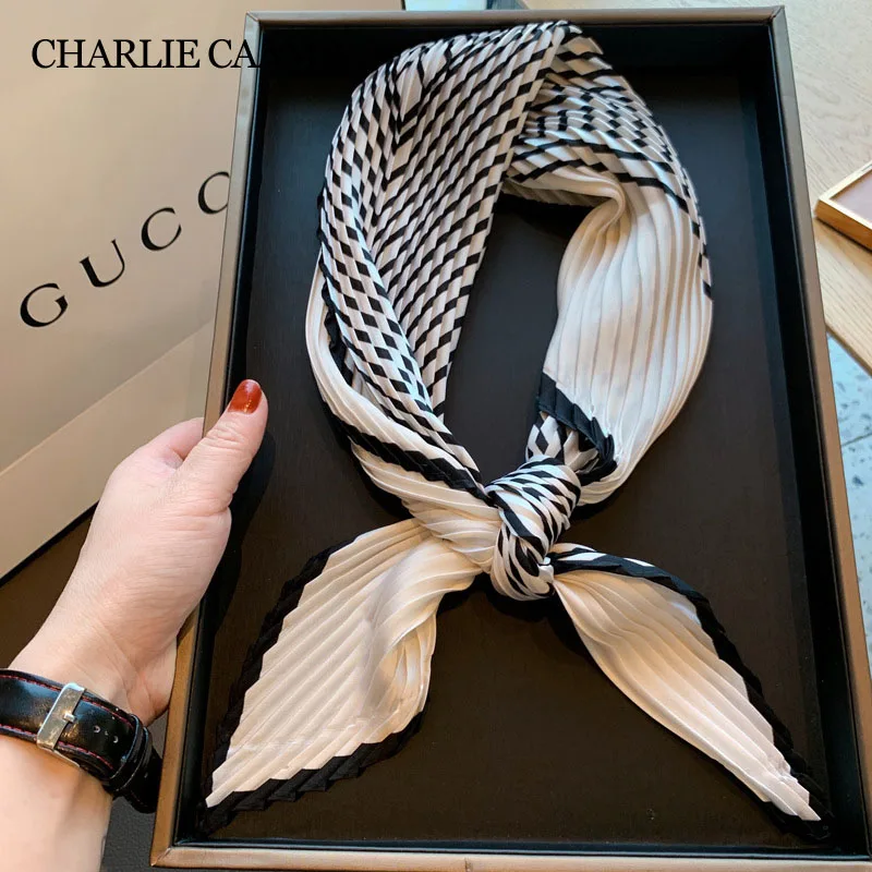 Creativity Pleated Devise Square Scarf Women Ribbon Head Neck Hair Tie Band Kerchief Satin Foulard Scarves Headscarf Neckerchief