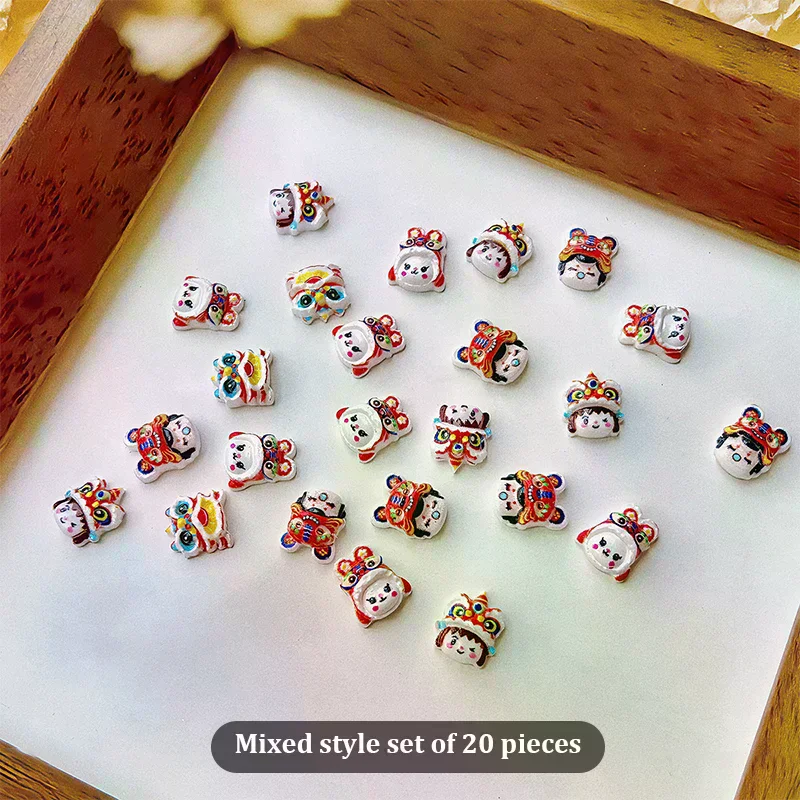 20PCS New Year Cute Lion Dance Nail Art Decor Stereoscopic Mixed Loading Decoration Nail Patches