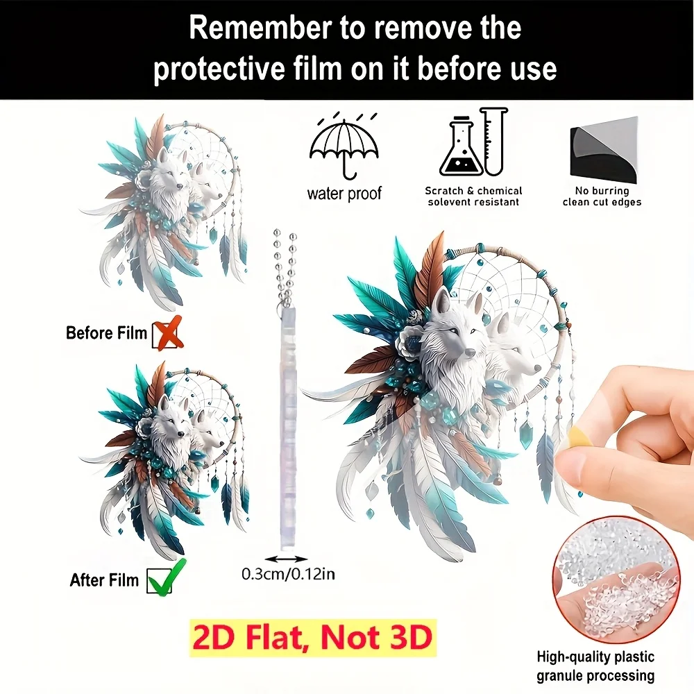 A 4-pack of 2D flat acrylic wolf dreamcatcher hanging pendants with teal feathers styled on a car rearview mirror next to an iPhone size comparison layout