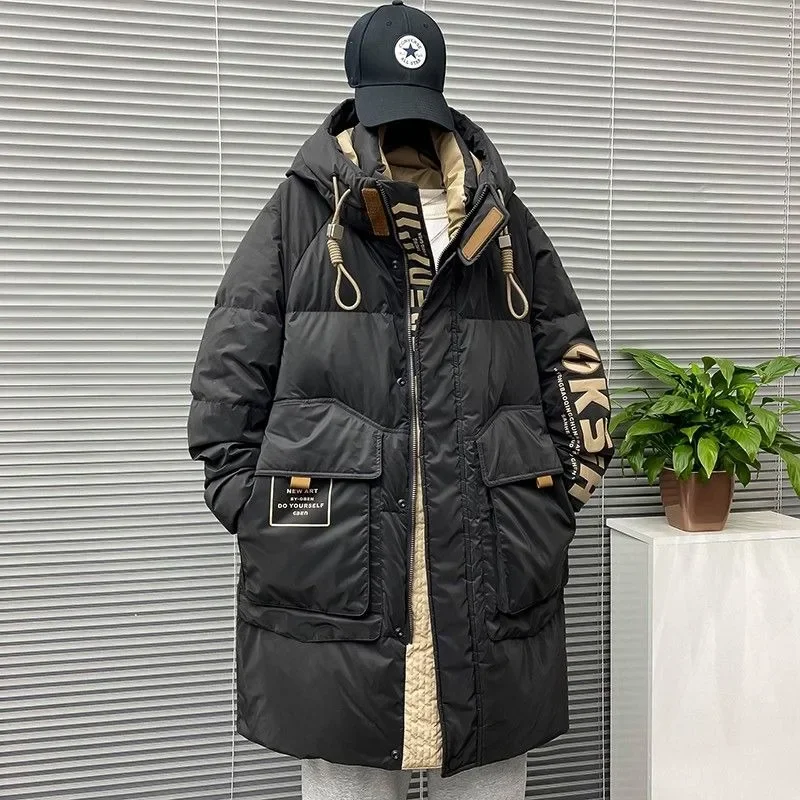 Down Jacket Men's Mid-length 2025 Winter New Thickened Teen Hipster Loose Warm Cold Hooded Coat Modern Stylish Men's Clothing