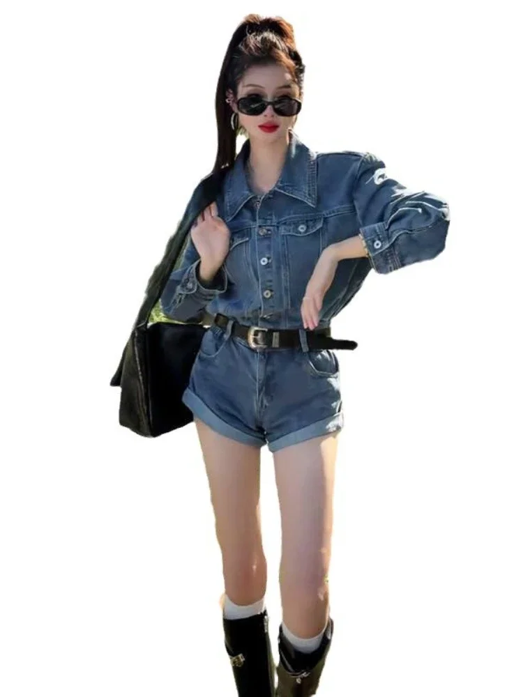 Fashion New Women Denim Jumpsuits Long Sleeve High Waist Slim Shorts Jeans Korean Rompers All Match Female Clothing PlaySuits