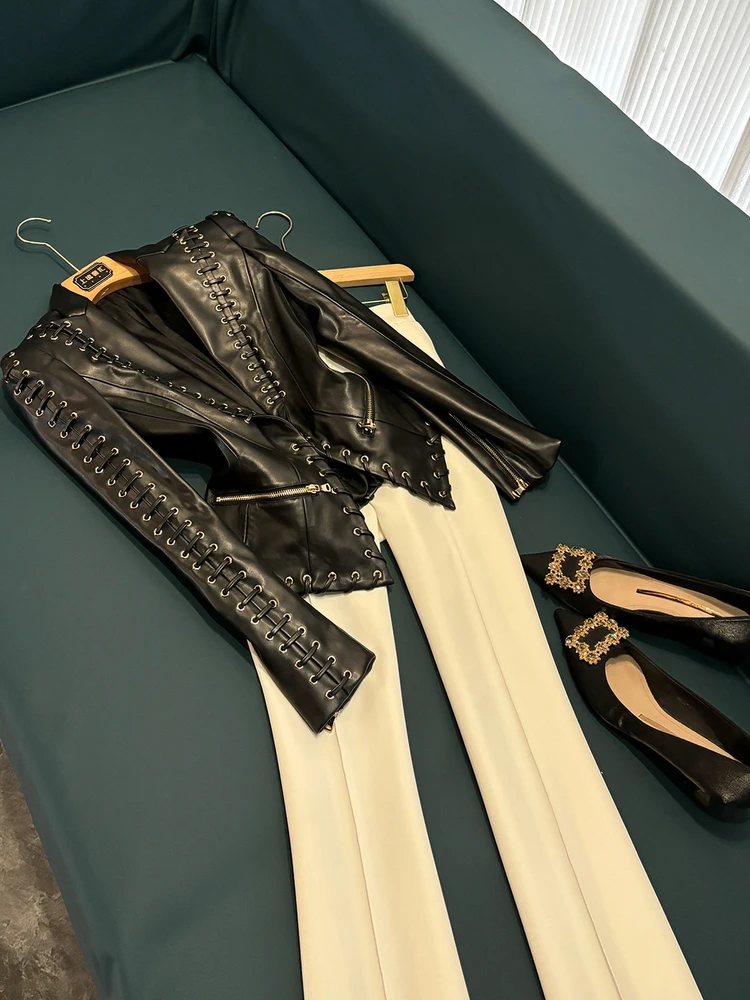 Faionable Heavyweight Rope-Bound Slim Fit Leather Jaet Suit Jaet New Winter 2025 Star Sle Commute Wind Synthetic