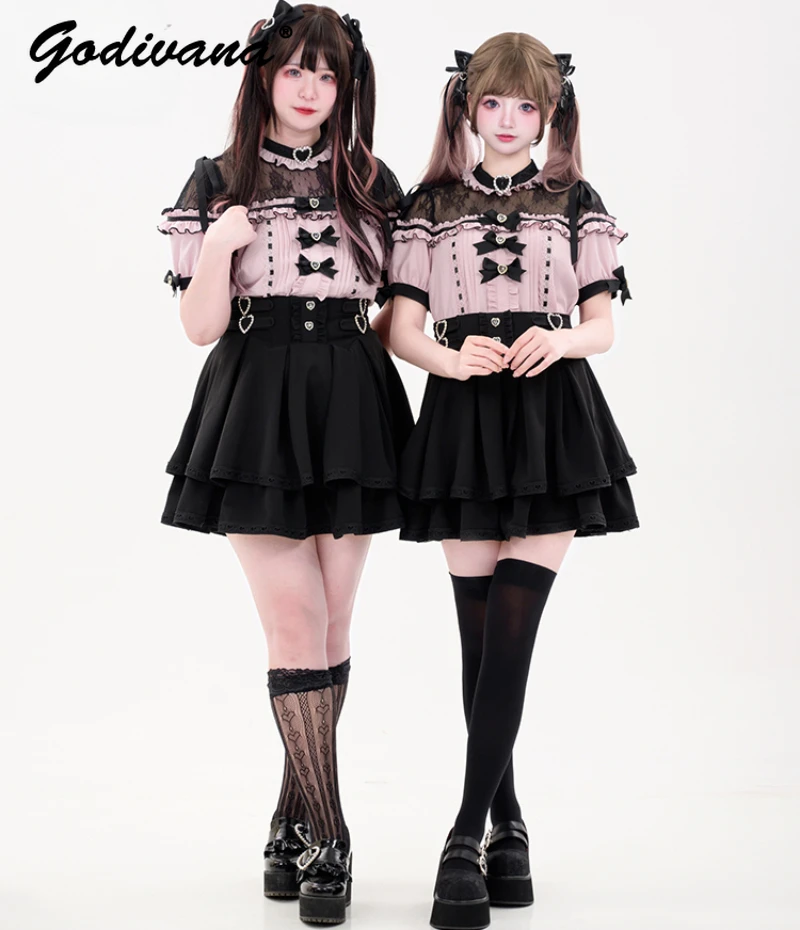 Japanese Girls Mine Mass-Produced Skirt Suit 2024 New Summer Women's Sweet Short Sleeve Lolita Bow Shirt Top High Waist Culottes