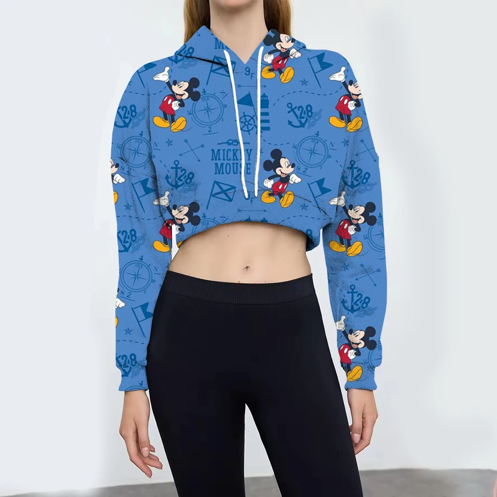 Women Cropped Sweatshirt Jacket Clothes Hoodies Women's Pockets Long Sleeve Pullovers Disney Minnie Mickey Mouse Female Tops