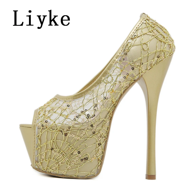 Liyke Fashion Design Mesh Thick Bottom Women Stiletto Platform Pumps Sexy Peep Toe Super High Heels Stripper Pole Dance Shoes