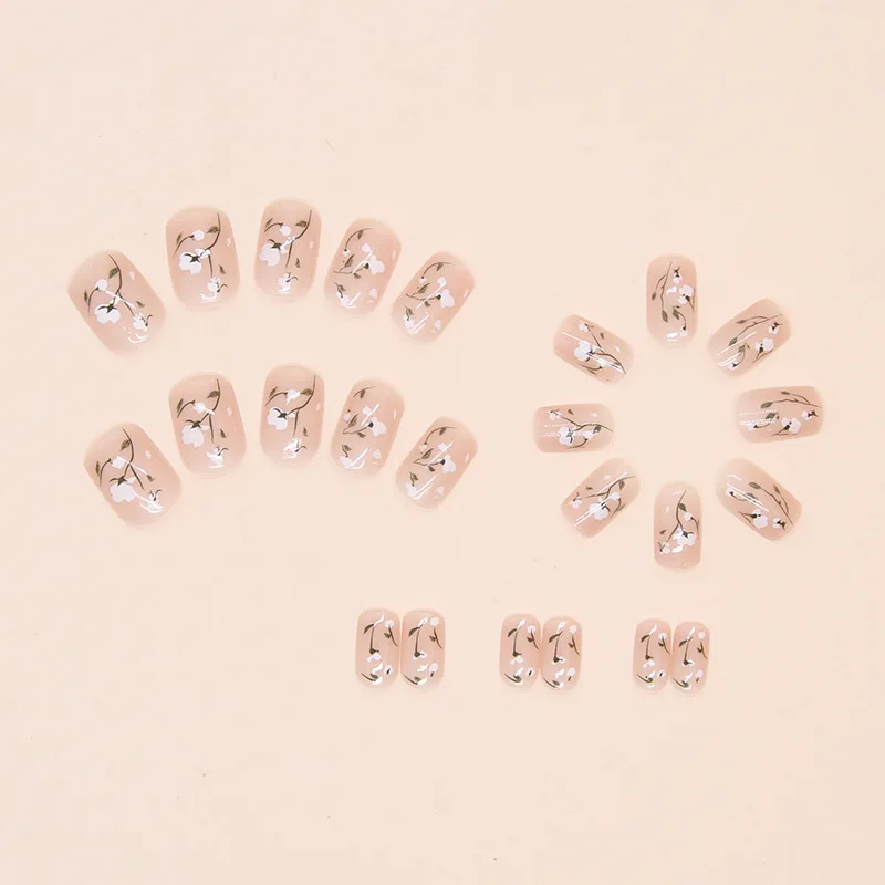 24pcs Short Square Flower Press on Nails Set Finger Stick-on unghie finte con colla unghie finte decorate a buon mercato Art per l'incollaggio