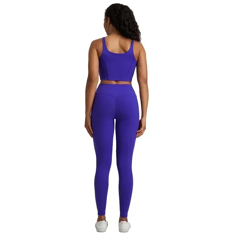 Ginásio Lemon-Leggings apertados e sutiã para mulheres, conjunto de ioga, sutiã fitness, treinamento abrangente, roupa de jogging, gola redonda, esportes, mulheres, 2 peças