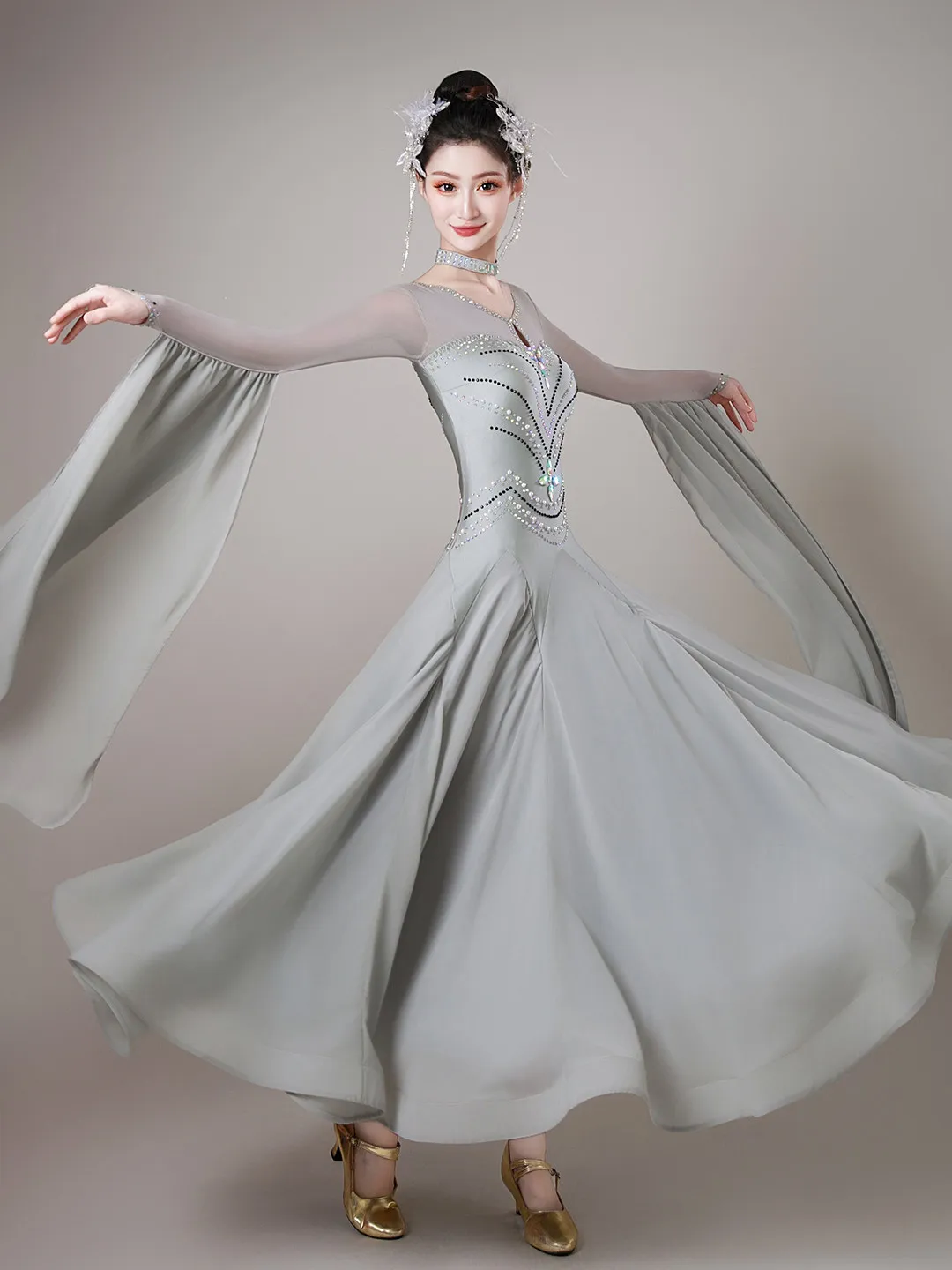 2026 Ballroom Dance Dress Competition Waltz Performance Costumes Clothes Long Sleeves And V-neck Modern Dance Evening Outfit