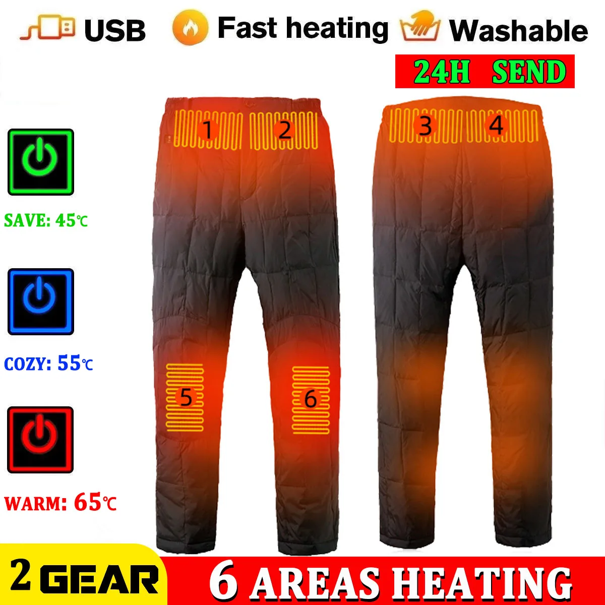 Winter Heated Pants 6 Heating Zones Electric Heated Trousers Sportwear Outdoor Camping Warmer Thermal Pants for Hiking Skiing