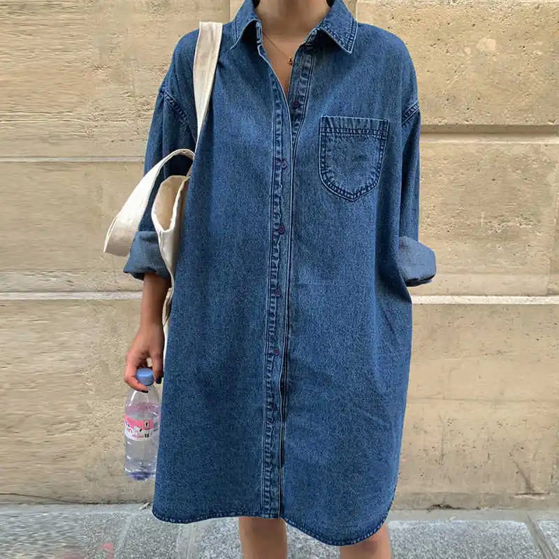 

Retro Collar Fashionable Denim Dress For Women'S Autumn And Winter Design, Casual Washed Denim Lining Dress