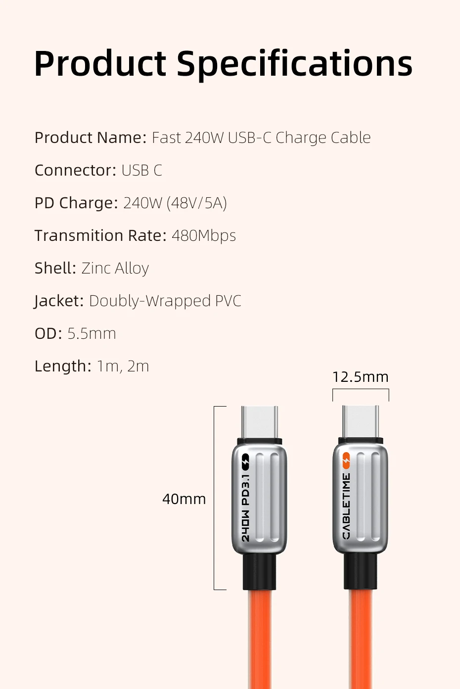 CABLETIME USB-C-Kabel PD240W Schnellladekabel Typ-C-Kabel für MacBook Laptop Samsung Huawei iPhone Kabel PD3.1 5A – Detail 15
