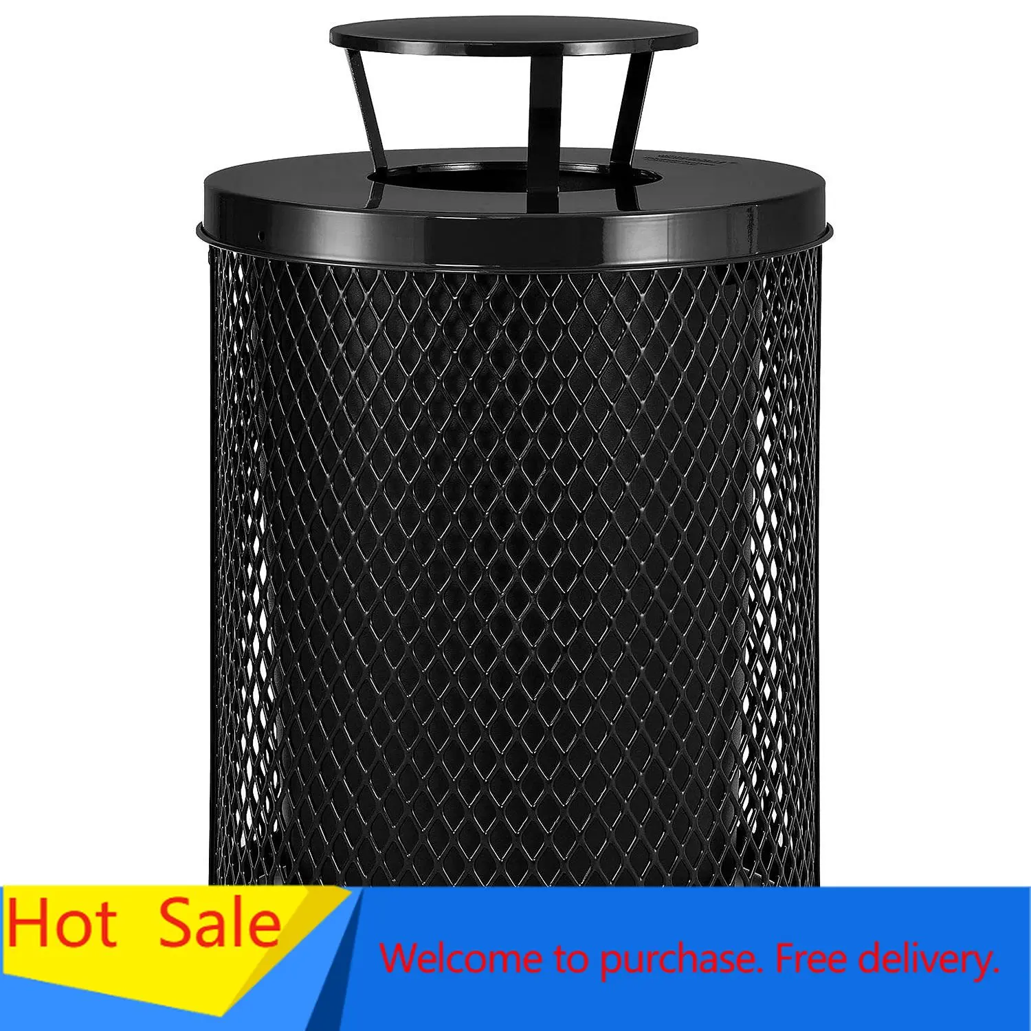 

Outdoor Diamond Steel Trash Can with Rain Bonnet Lid and Plastic Liner, 36 Gallon Capacity, Black, Commercial Trash Can, 23-1/2"