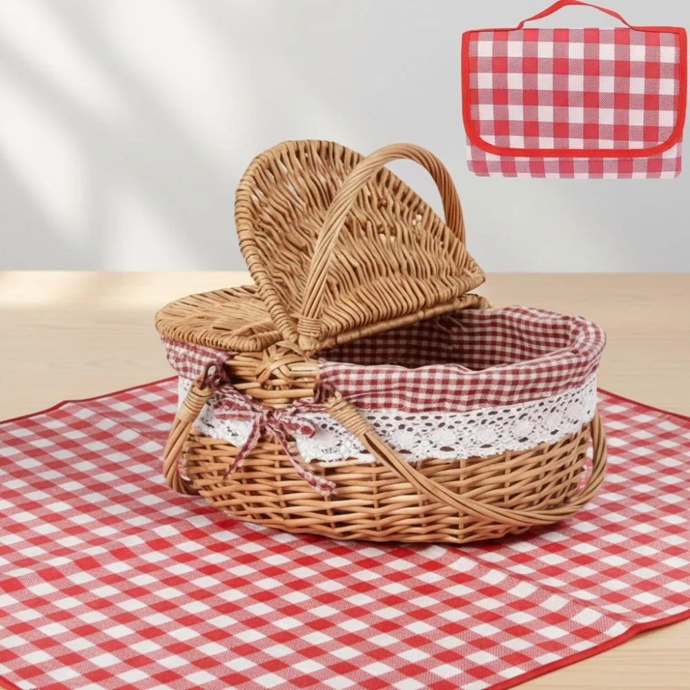 

Vintage Wicker Picnic Basket with Removable Lining & Folding Handle for Outdoor Camping Hiking Family