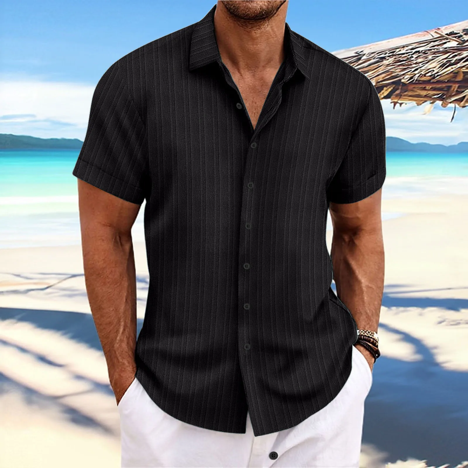 2024 Summer Fashion Button-up short-Sleeved Shirt With lapel shirt for Men beach Solid top
