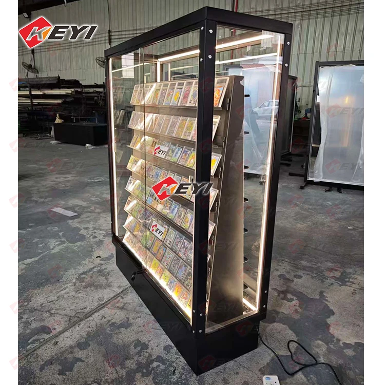 Customized Sports Card Display Case White Black Game Cards Double Sided Aisle Edition with LED and Sliding Lockable Doors