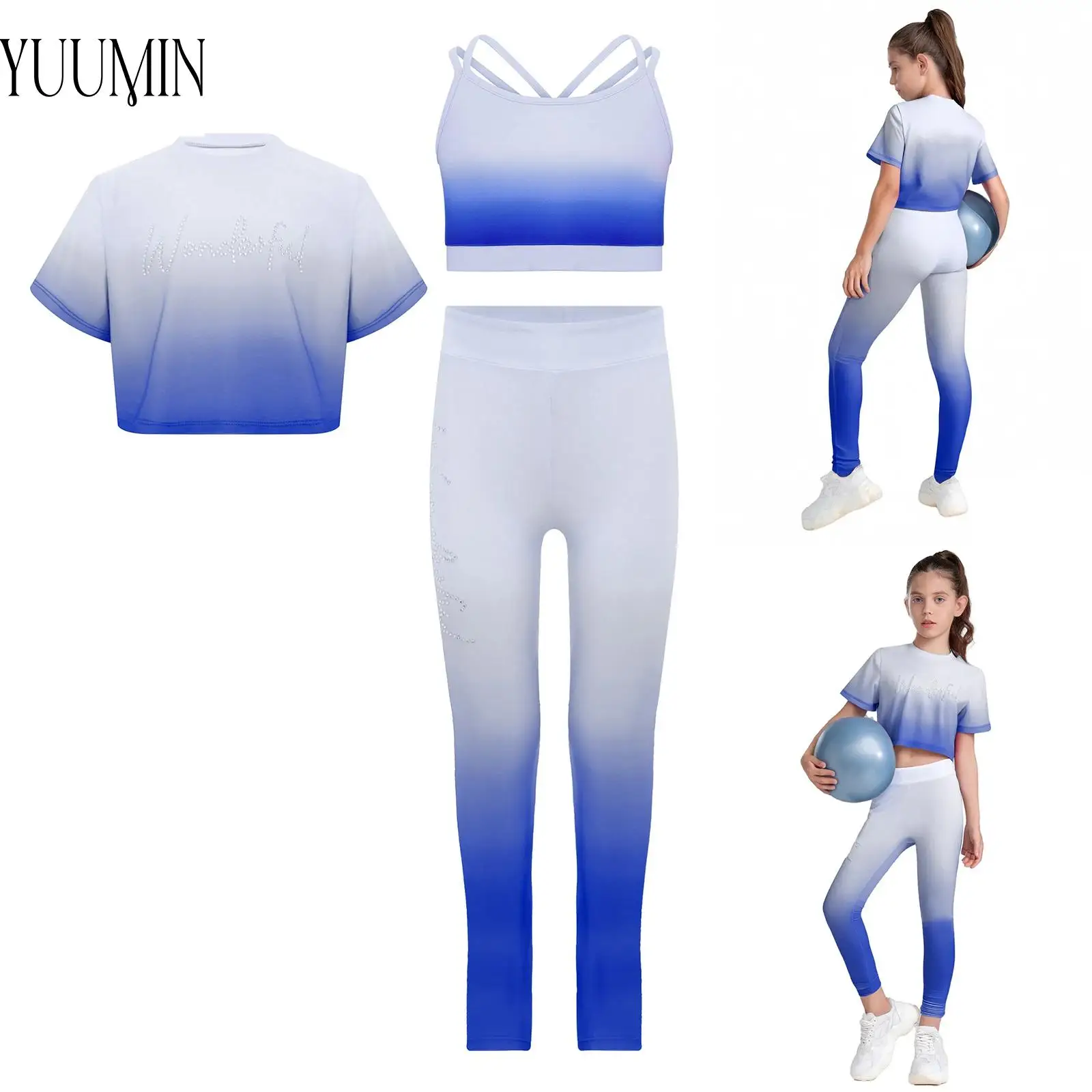 

3Pcs Girls Gymnastics Dance Costume Set Summer Yoga Sports Outfit Short Sleeve Rhinestones Gradient Color T-shirt+Vest+Pants Set