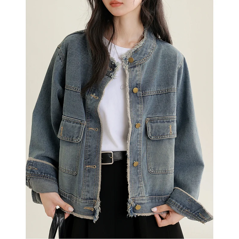 2025 Spring Autumn New Retro Hairy Edge Denim Jacket For Women Loose Round Neck Design Versatile Outerwear Washed Cowboy Jacket