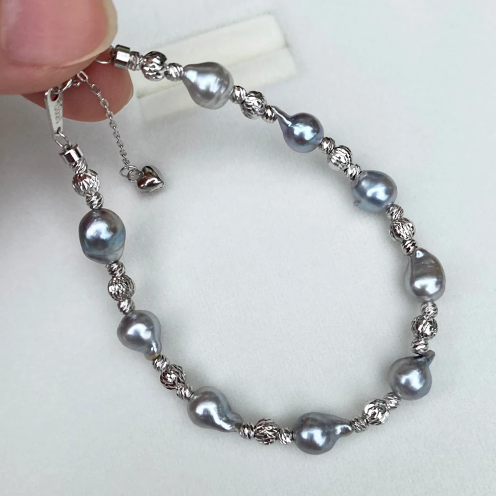 6-7mm Aurora Baroque Akoya Pearl Bracelet Cool Color Silver Gray Blue Seawater Pearl Bracelet with 925 Silver Beads and Clasp