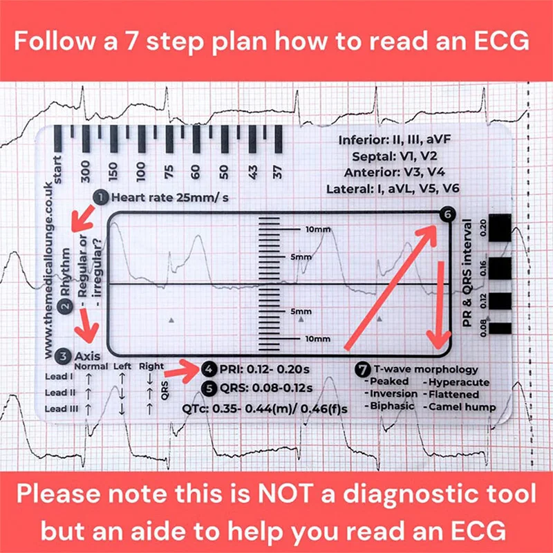 ECG 7 Step Ruler Ruler Card for ECG/EKG Interpretation Portable Pocket ECG EKG Reference Guide with Sheath, Emergency tool