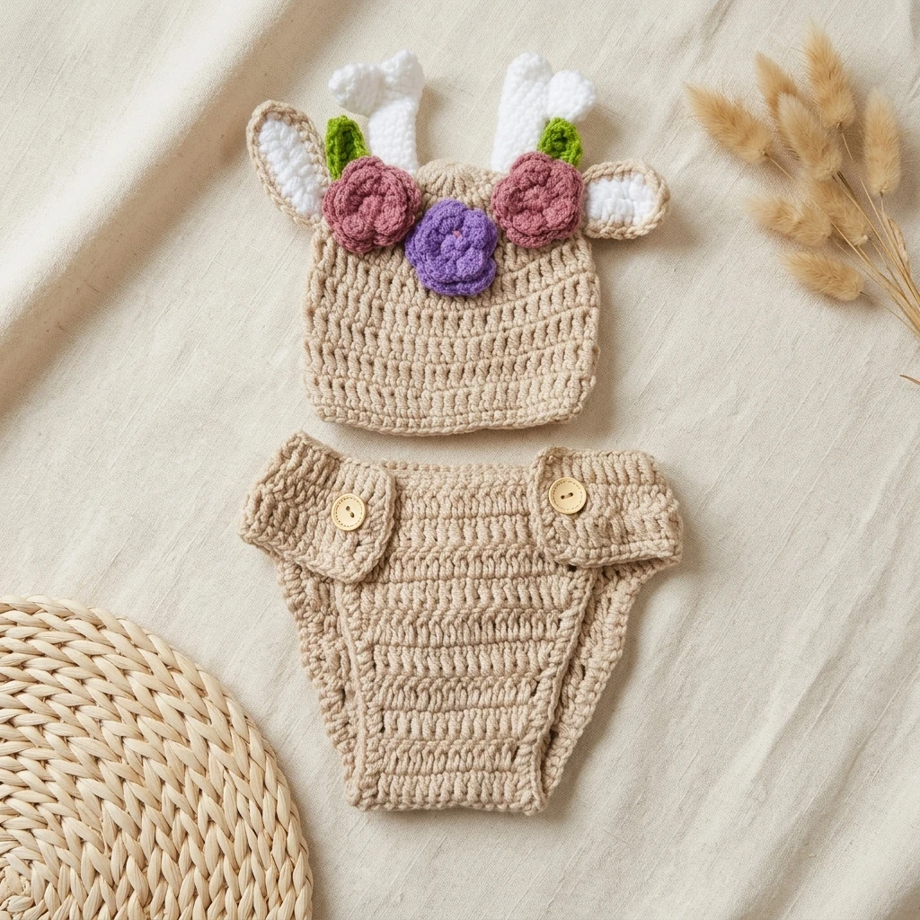 Newborn Photography Props Knit Deer Outfit Hat & Pants Set Cute Animal Infant Photo Shoot Clothes Baby Shower Gift