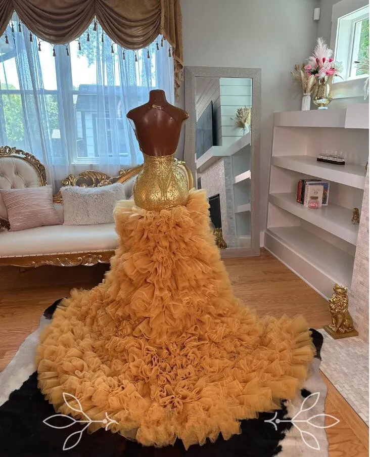 Gold Sparkly Mermaid Prom Party Dresses for Black Girl 2024 Luxury Crystal Beaded Ruffles Skirt Evening Gown vestidos de gala