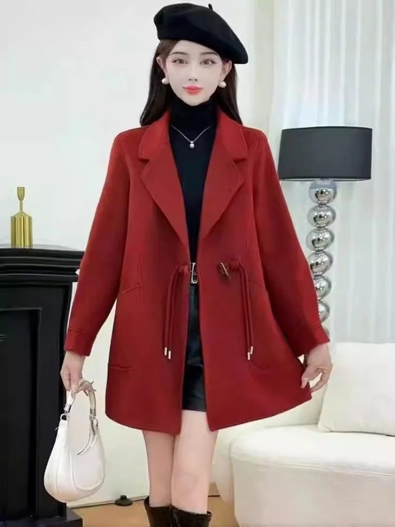 سترة صوفية مزدوجة الجوانب للنساء لخريف وشتاء 2025 موضة منتصف إلى طويلة فضفاضة تناسب أزرار القرن دعوى طوق علوي W860