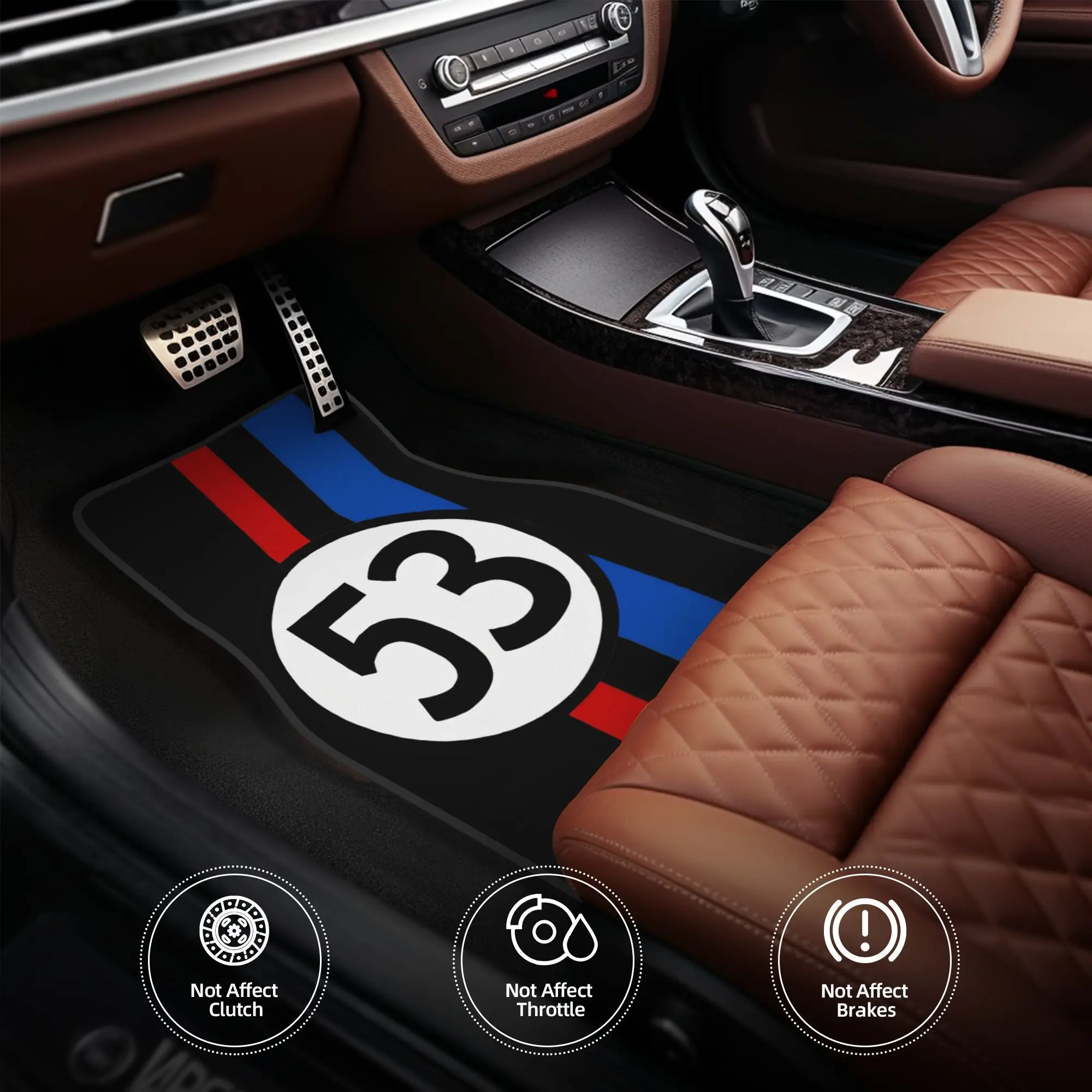 4pcs Herbie Car Floor Mats - Playful Red & Blue Stripes & White Circle Logo Design, Durable Polyester, Fit For All Vehicles, Eas