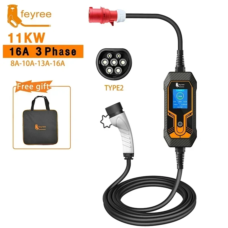 Feyree 32A 7KW Type2 EV cargador portátil 11KW 16A 3 fases 5M Cable EVSE caja de carga cargador de coche enchufe CEE para vehículo eléctrico