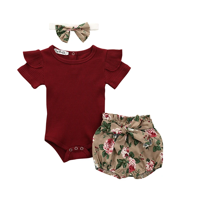 Summer Newborn Infant Baby Girl Clothes Set Cute Cotton Knitted Short Sleeve Tops Flower Pants Headband New Born Toddler Outfits