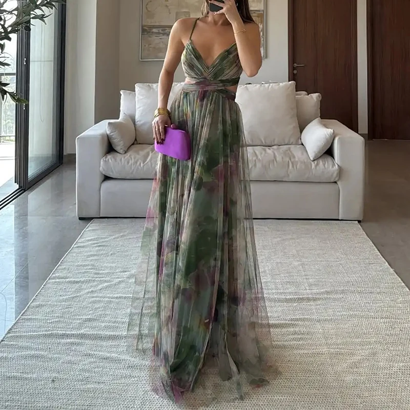Women Sexy Mesh Patchwork Printed Vacation Dress Fashion Hight Waist Slim Long Dress Elegant Deep V-neck Hollow Suspender Dress
