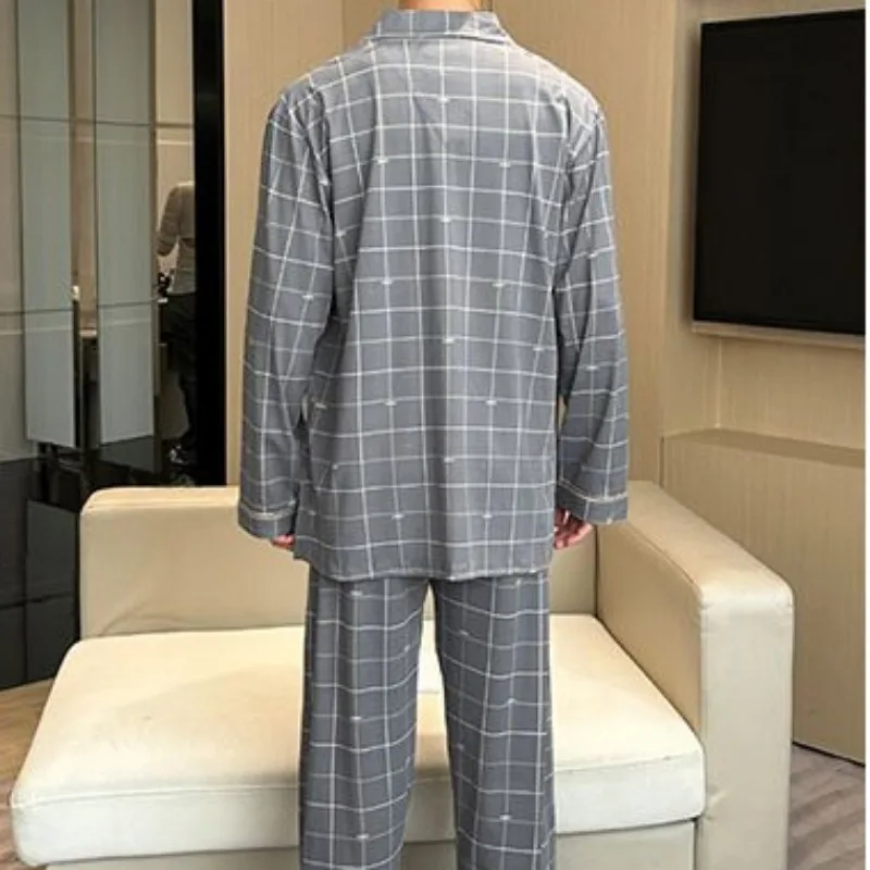 New Cotton Pajamas Men Autumn Winter Pajamas Long Sleeve Thin Pyjamas Plaid Large Size Nightdress Lapel Breasted Home Wear Set