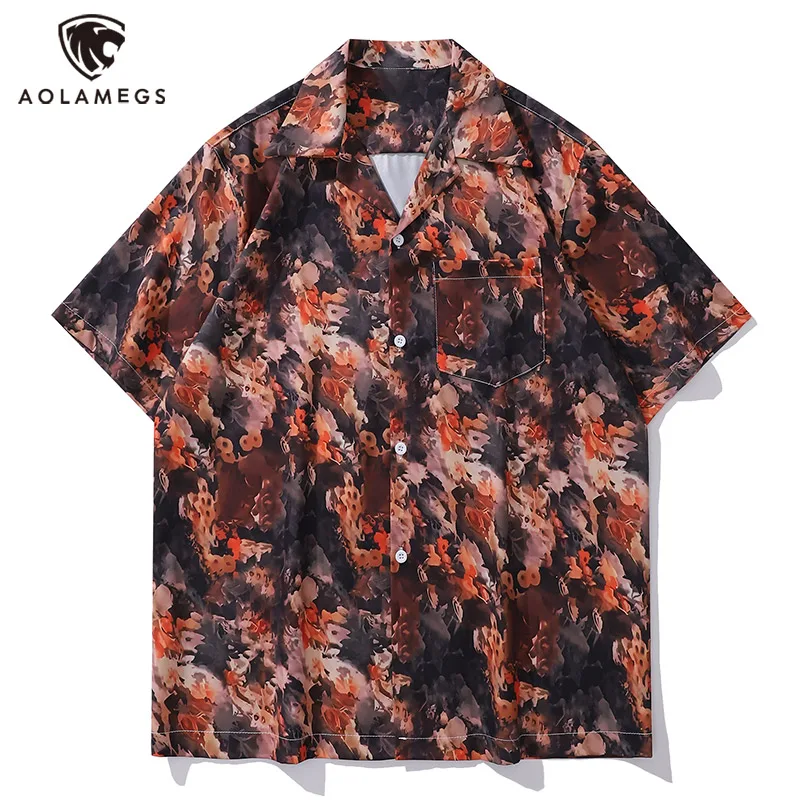 Men's Shirts Oil Painting Impression Printed Blouse Lapel Short Sleeve Vintage Tops M-2XL American Style Trend Button Clothes