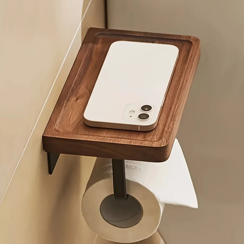Walnut Toilet Paper Holder Multifunctional Storage Toilet Paper Holder Self-Adhesive Bathroom Tissue Bathroom Organizers