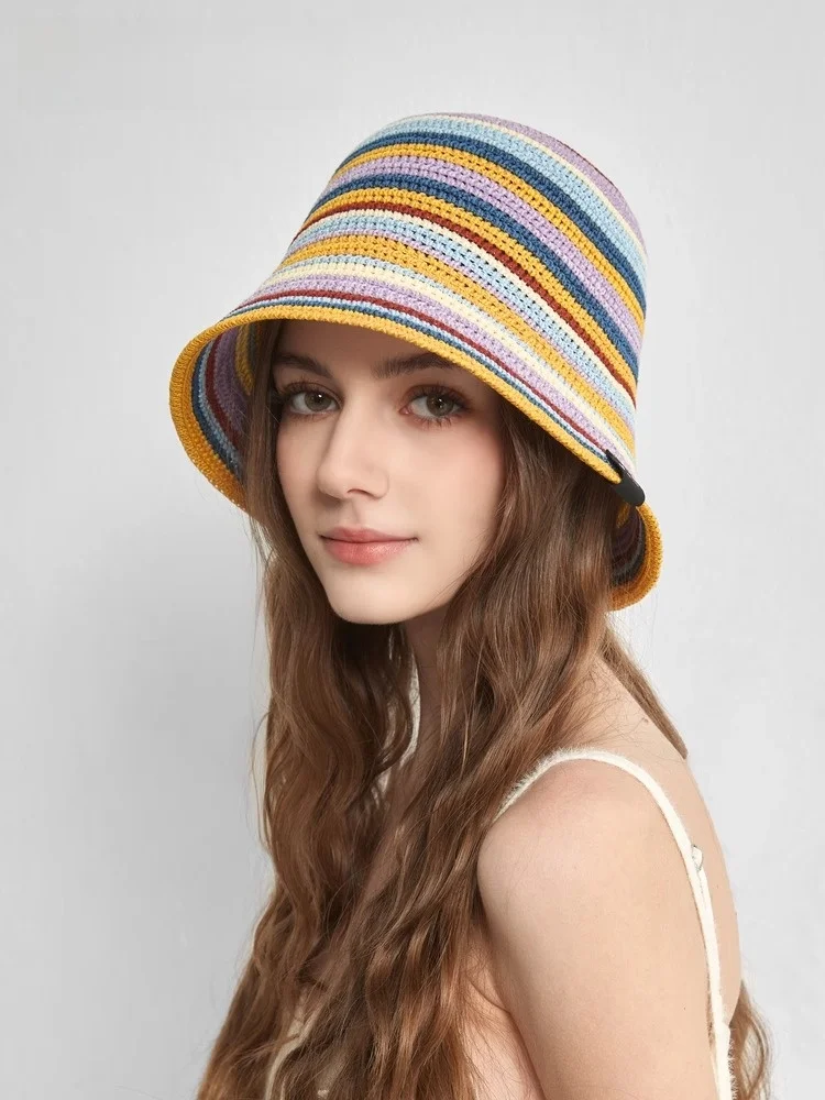 kenmont-women's-knitted-dopaamine-color-block-fishing-cap-summer-beach-sun-hat-foldable-round-top-polyester-fiber-hat