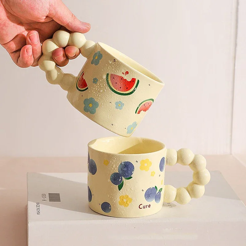 

Ceramic Coffee cup Japanese style Water mug Cute Fruit pattern Milk Tea Cup with Anti-slip handle Coffee Cup girl Birthday Gift