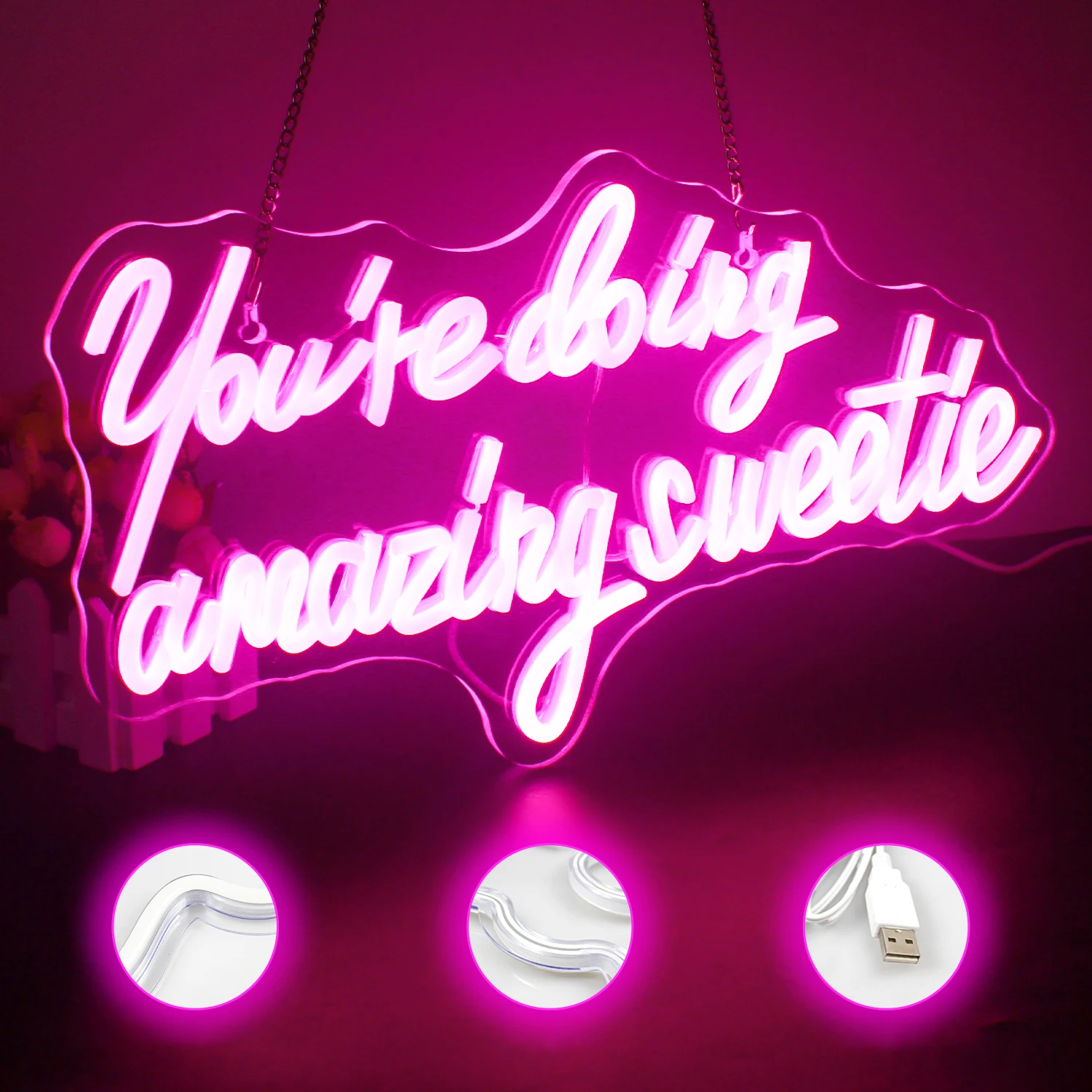 You're Doing Amazing Sweetie Neon Sign, letreros Led rosas para pared de dormitorio, 10 letreros de neón regulables para decoración de fiesta en casa de dormitorio de niña