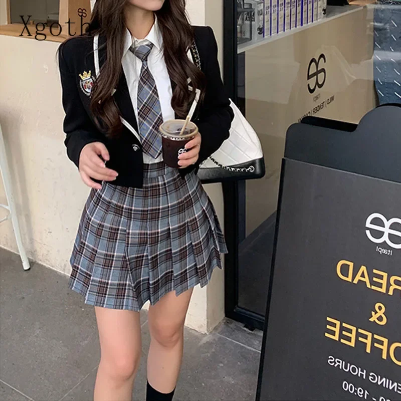 

Short Blazer+White Shirt+Contrast Plaid Pleated Skirt College Style Notched Single Button 2025 Three Piece Lady's Clothing dsff2