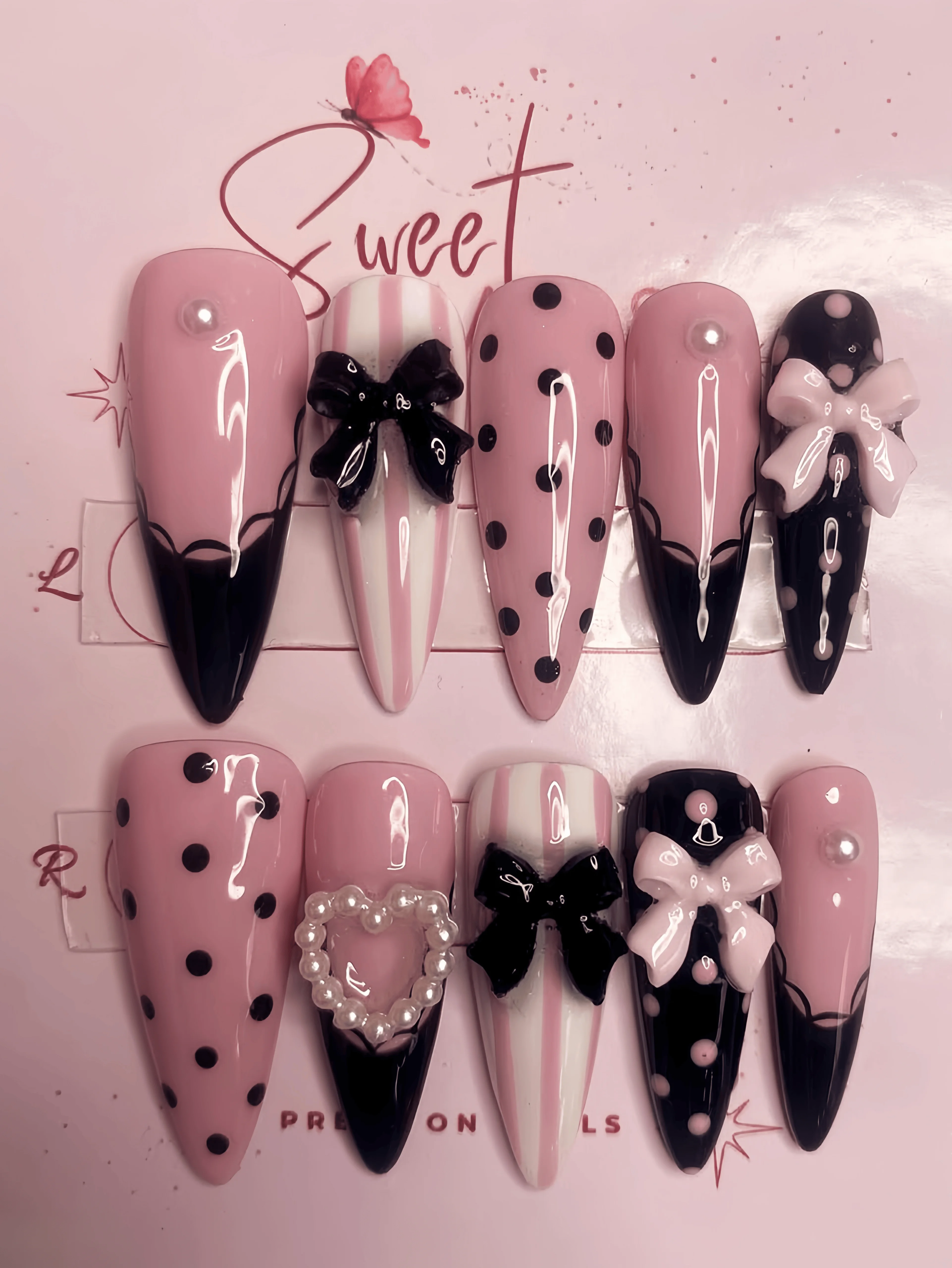 10 Pieces of Handmade Full-Cover Nail Tips, Medium Length, Black and Pink Contrasting Colors, Sweet and Cool Style, Suitable for Women and Girls, Perfect for Summer Vacations, Graduation Season, and as a Gift, Comes with 1 Piece of Jelly Glue and 1 Nail File