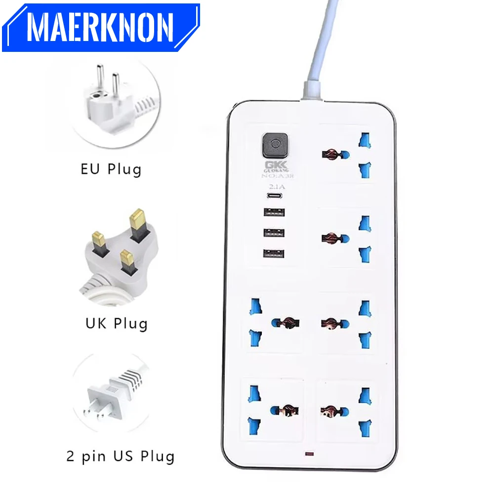 EU US UK Plug Electric Socket Universal Power Strip With 2m Extension Cable Type C USB Ports Charge AC Power Multi Tap Outlets