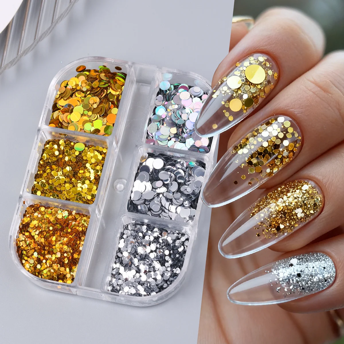 6 Gitter Gold Silber Runde Kreis Nägel Pailletten Laserspiegel Funkelnde Polka Dot Glitzerflocken Y2K Luxus Neujahr Maniküre Dekor