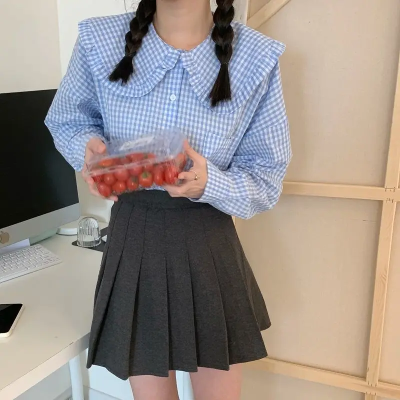 Long Sleeve Shirts Women Peter Pan Collar Edible Tree Fungus Plaid Preppy Sweet All-match Stylish Korean Style Trendy Harajuku