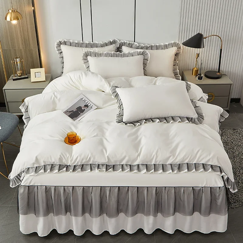 

Lace Style Bedding Solid Color Bed Skirt Set Queen Size Bedclothes Home Bed Linen Set Soft Duvet Cover Set with Bed Skirt 이불커버세트