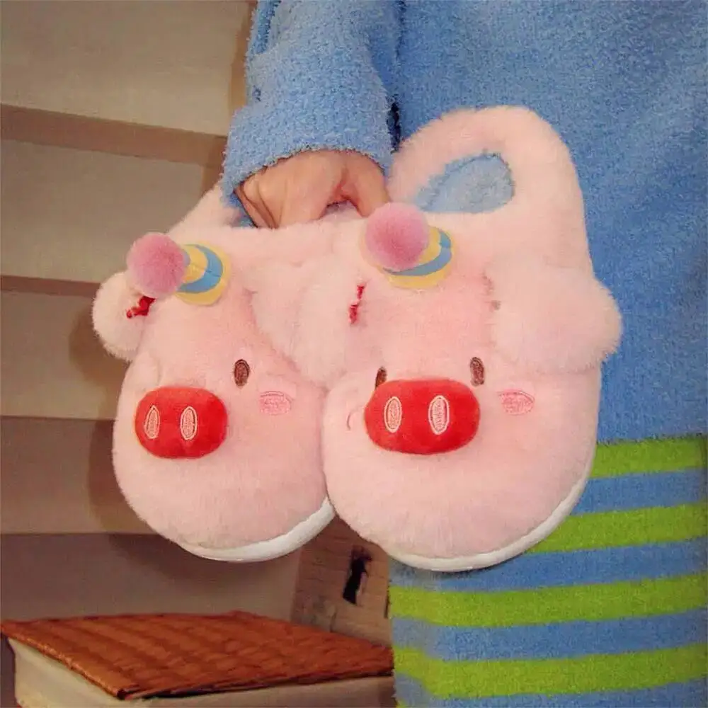 

Furry Winter Home Slippers Cute Birthday Hat Pig Design Soft Adorable Indoor Household Cotton Shoes For Maternity