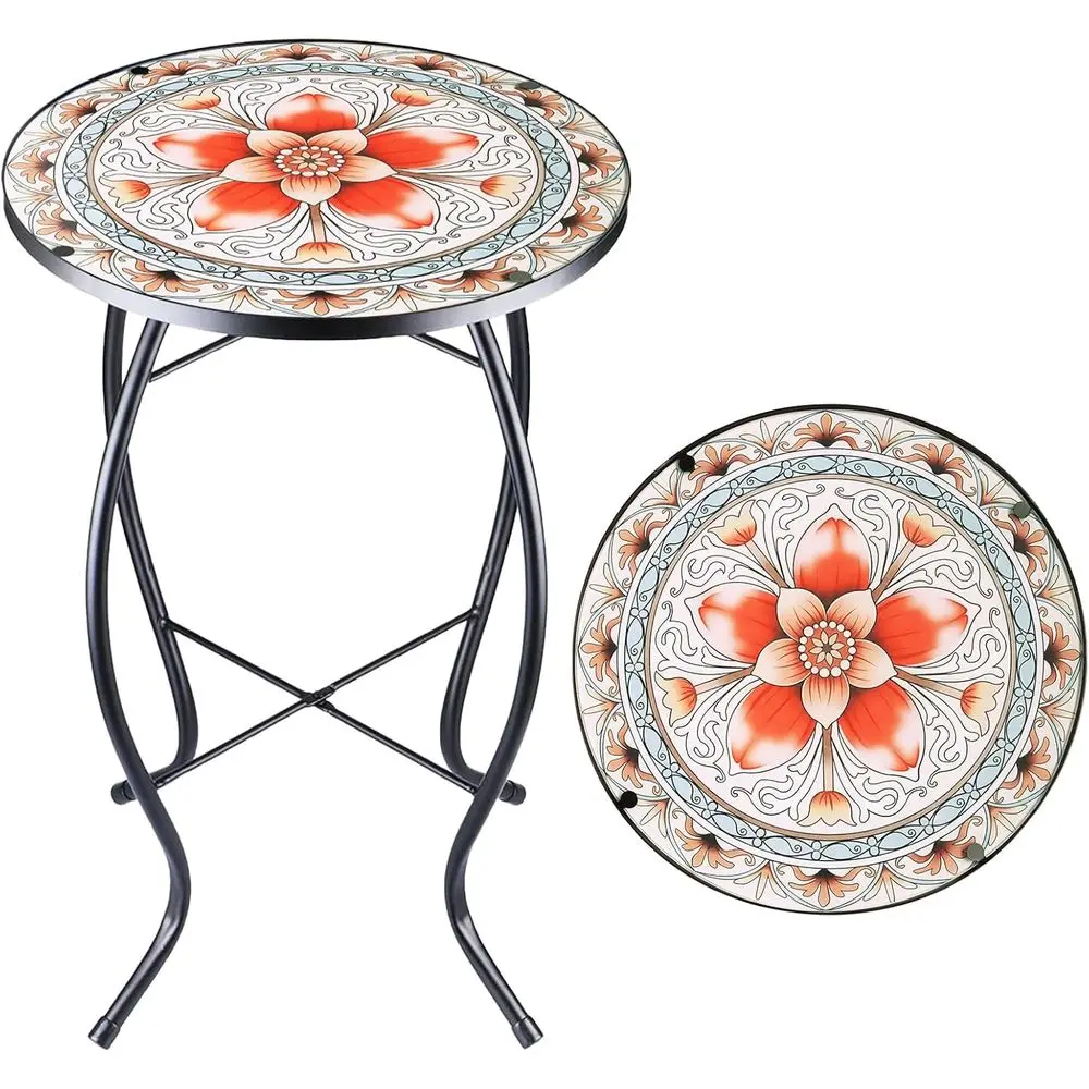 

12-дюймовый небольшой уличный приставной столик с розовой нижней частью, стеклянный мозаичный столик для патио, круглый столик для растений или кофе, для гостиной, балкона