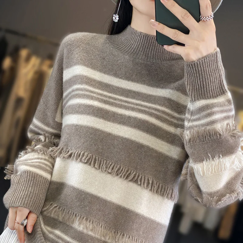 سترة صوف نسائية بأكمام طويلة وياقة شبه عالية سترة مخططة محبوكة فضفاضة وناعمة عالية الجودة